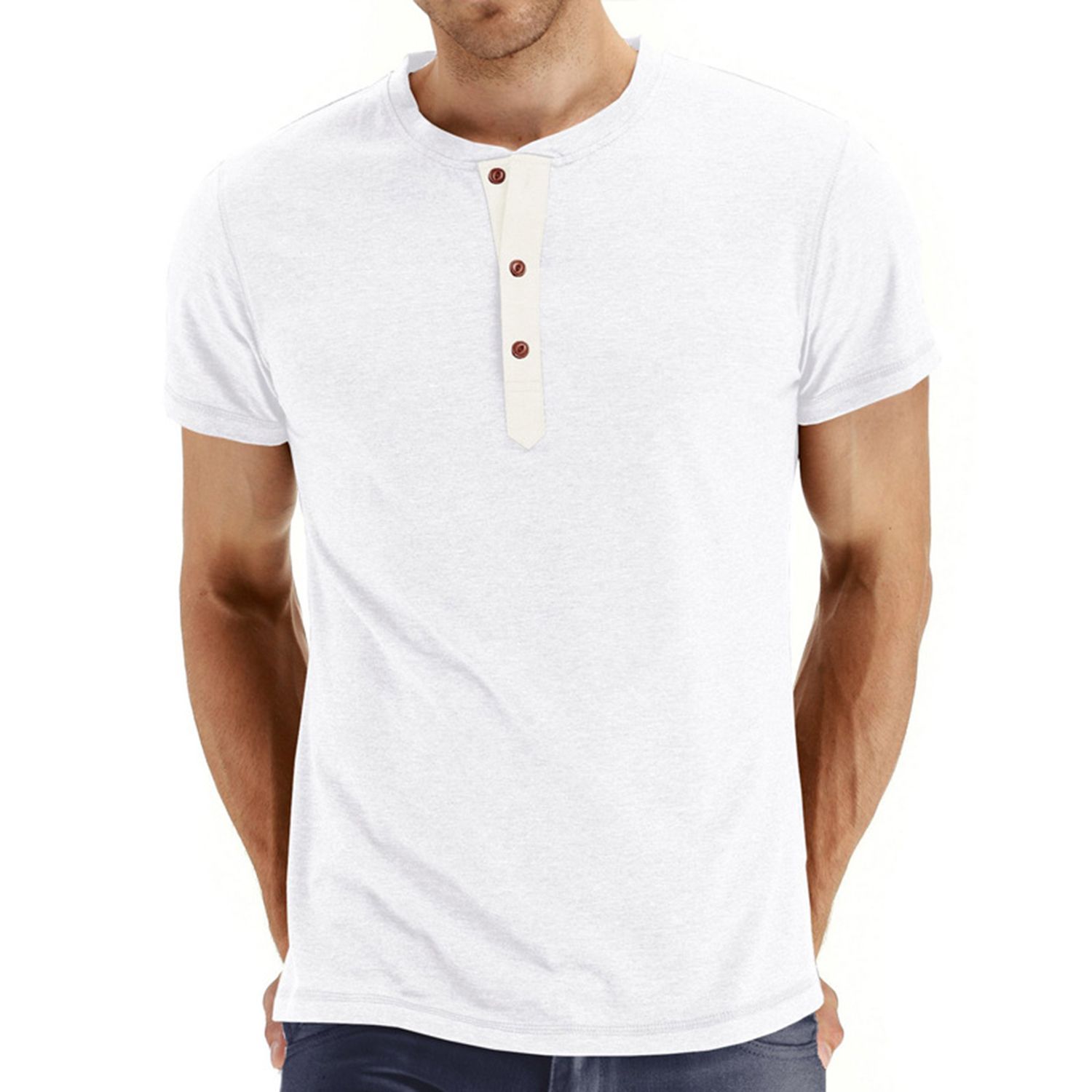 Men T-shirt Round Neck All Match Summer Short Sleeve Buttons Sweatshirt for Dating