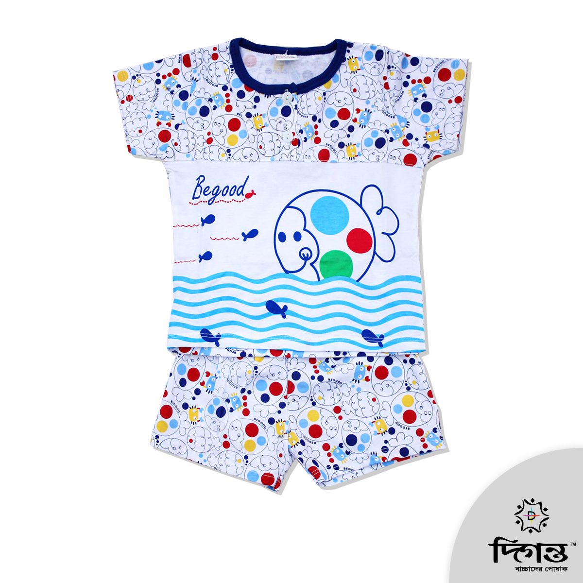 White, Blue and Red Crab & Fish Print Cotton T-Shirt Set For Boys