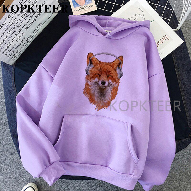 Harajuku Winter Cute Smiling Musical Fox Print Korean Pullovers Hoodies Women Men Loose Tops Kangaroo Pocket Sweatshirt Sale