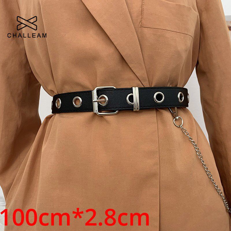 Women PU Leather Belt Men Punk Style Pin Buckle Decorative Luxury Brand Grommet Black Belt With Chain Woman Waistband Strap 162