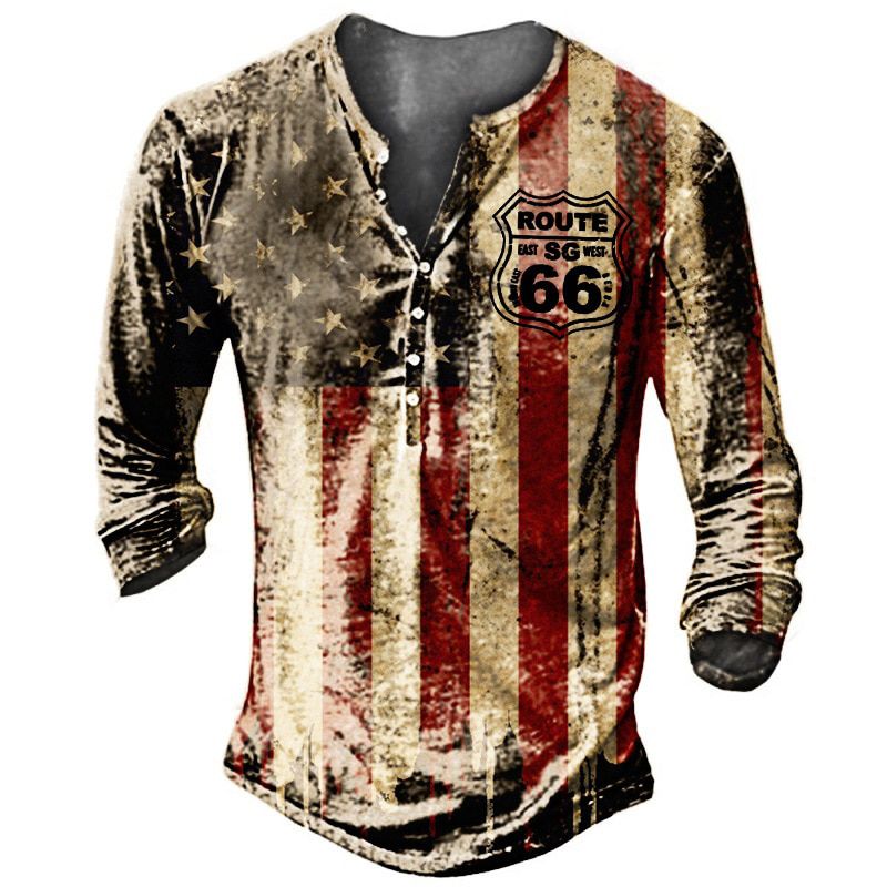 2022 Spring Autumn Mens T-Shirt Long Sleeve Route 66 Print Button Tees Oversized Tshirts V-neck Pullover Plus Size Men Clothes