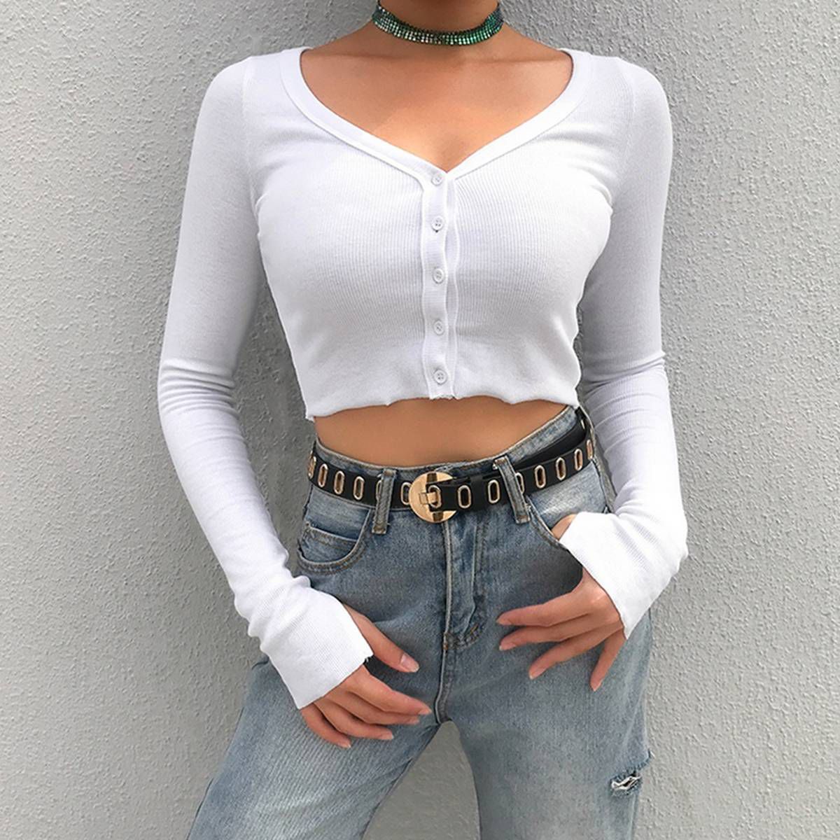 Casual Knitted Short Cardigan Women Solid Long Sleeve Button Ladies Tops Crop Streetwear Slim Sweater Tops L Size White