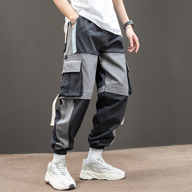 Hop Ribbons Cargo Pants Men Joggers Pants Mens Streetwear Military Pants Fashion Male Elastic Waist Pant Cotton Black