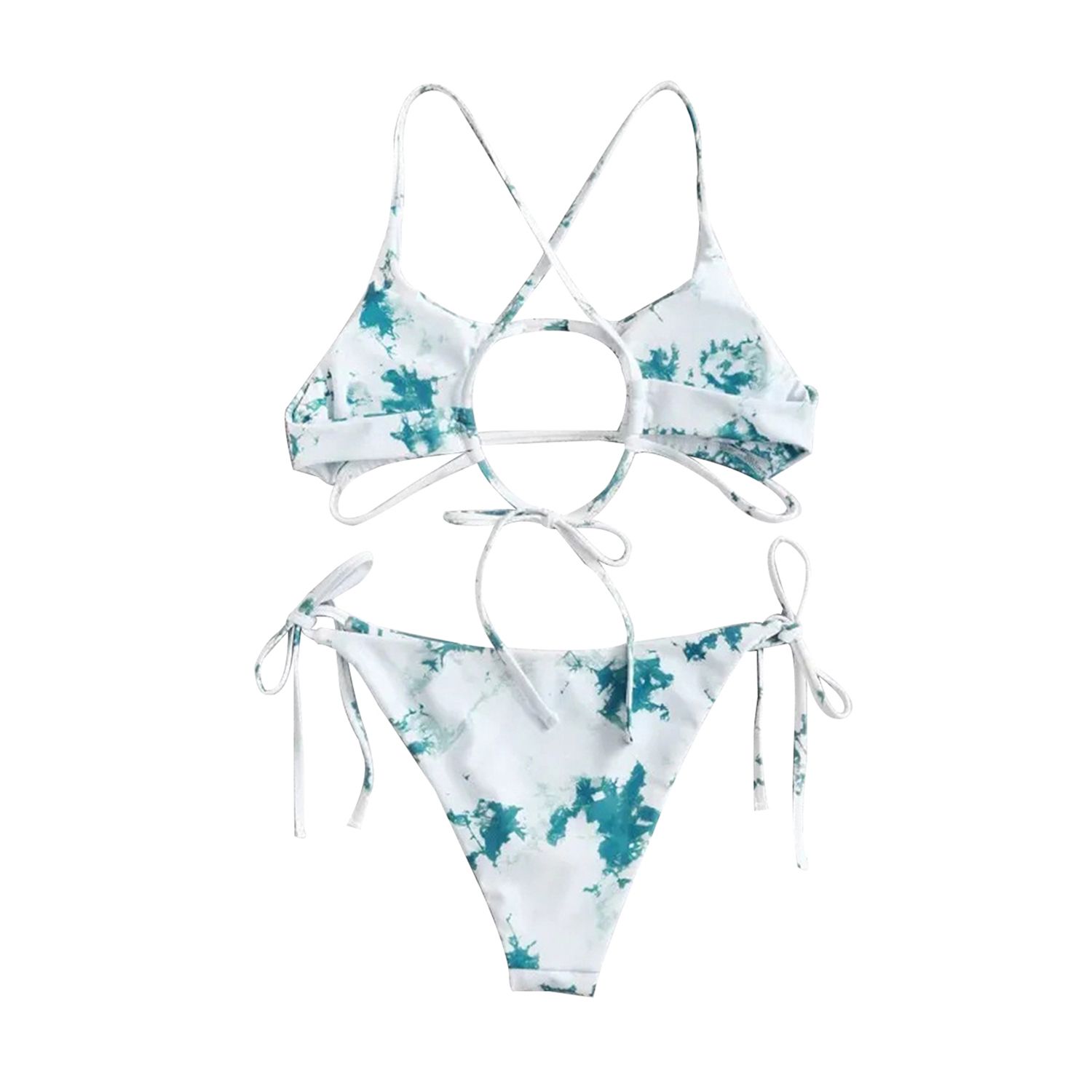 Women's Fashion Tie-dye Bikini Suits Sexy Hollow Cross Straps Top and Side Lace up Thong Split Swimsuit