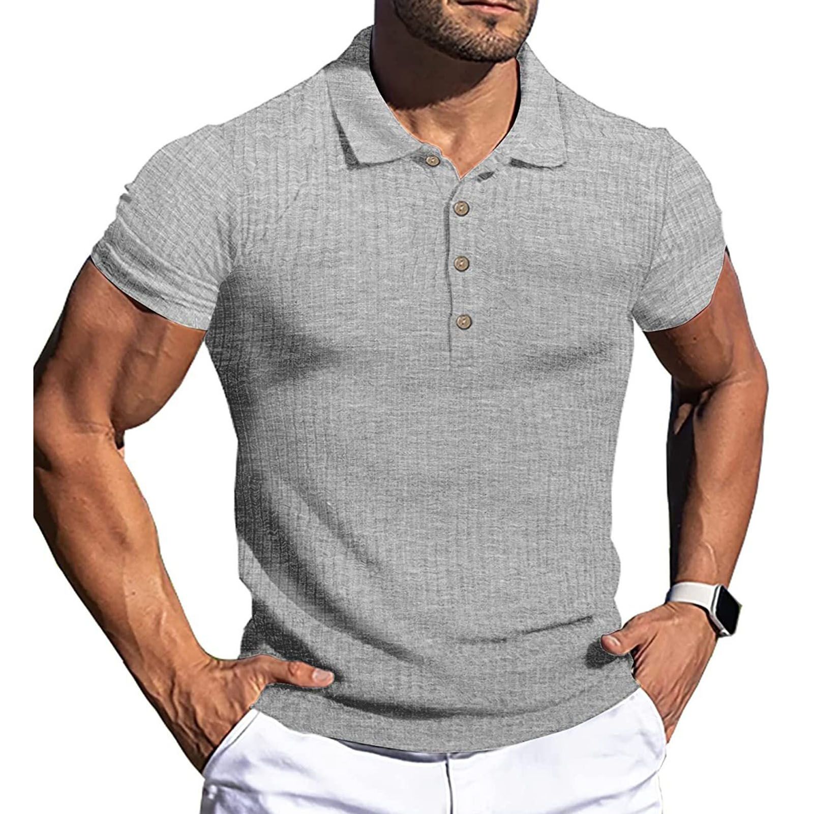 Fitness T-shirt Stretchy Buttons Neck Solid Color Men Shirt