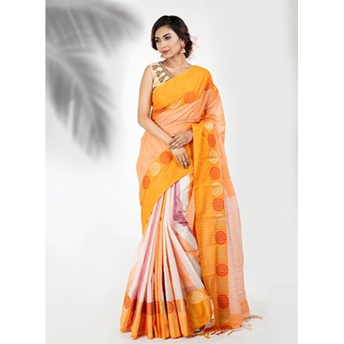 Multi  Color13.5 Hand Cotton Saree With Running Blouse Peach  For women