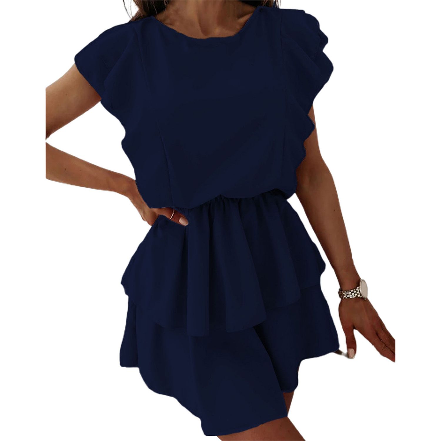ni Dress O-Neck Solid Color Double Layer Hem Party Dress