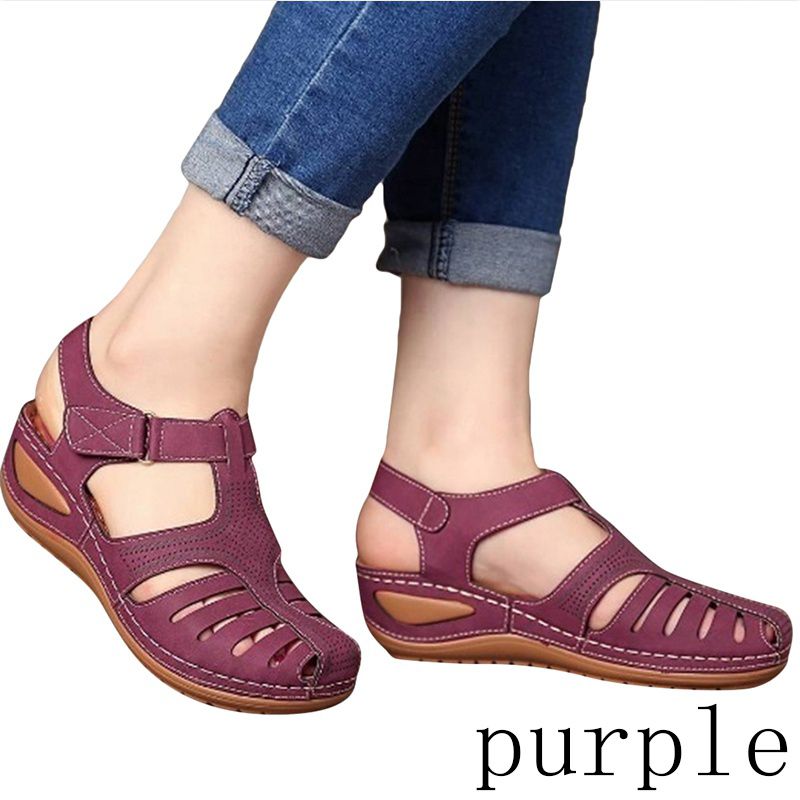 Fashion Women's Summer Leather Flat Casual Shoes Non Slip Round Toe Ring Wedge Sandals