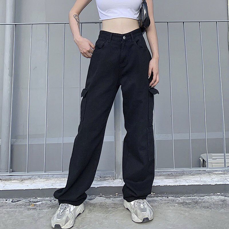 High Waist Black Cargo Pants Women Plus Size Ribbon Streetwear Punk Wide Leg Pants Gothic Pockets Streetwear Joggers