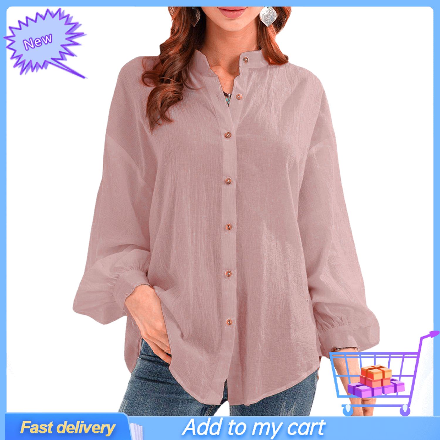 Women Blouse Long Sleeve Breathable Stand Collar Pure Color Shirt Streetwear for Daily Wear