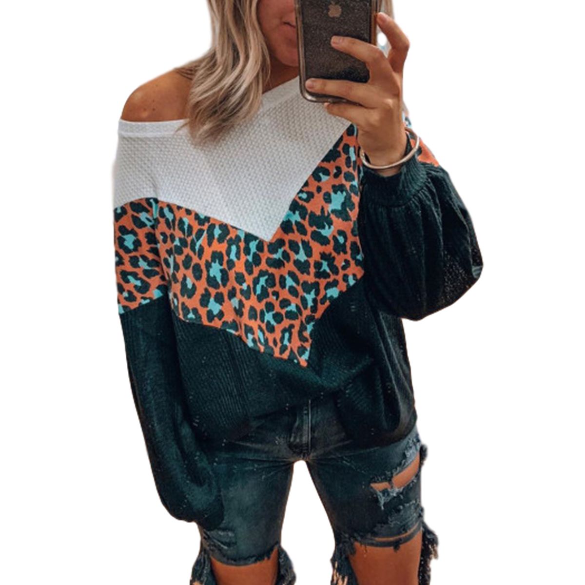 2021 Women Color Block Knitwear, Round Neck Long Sleeve Leopard Patchwork Loose Knitted Jumpers