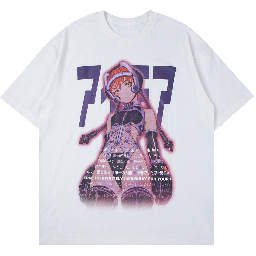 Aolamegs Men's Tee Shirts Sexy Manga Girls Kanji Print Anime Tee Shirts Summer Baggy College Style Tops Fashion Otaku Streetwear
