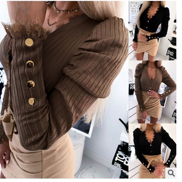 Tops for Women Beautiful and Fashionable Simple and  Style Pure Color without Pattern V-Shaped Collar and Long Sleeve Tops with Lace and Button Design for Women