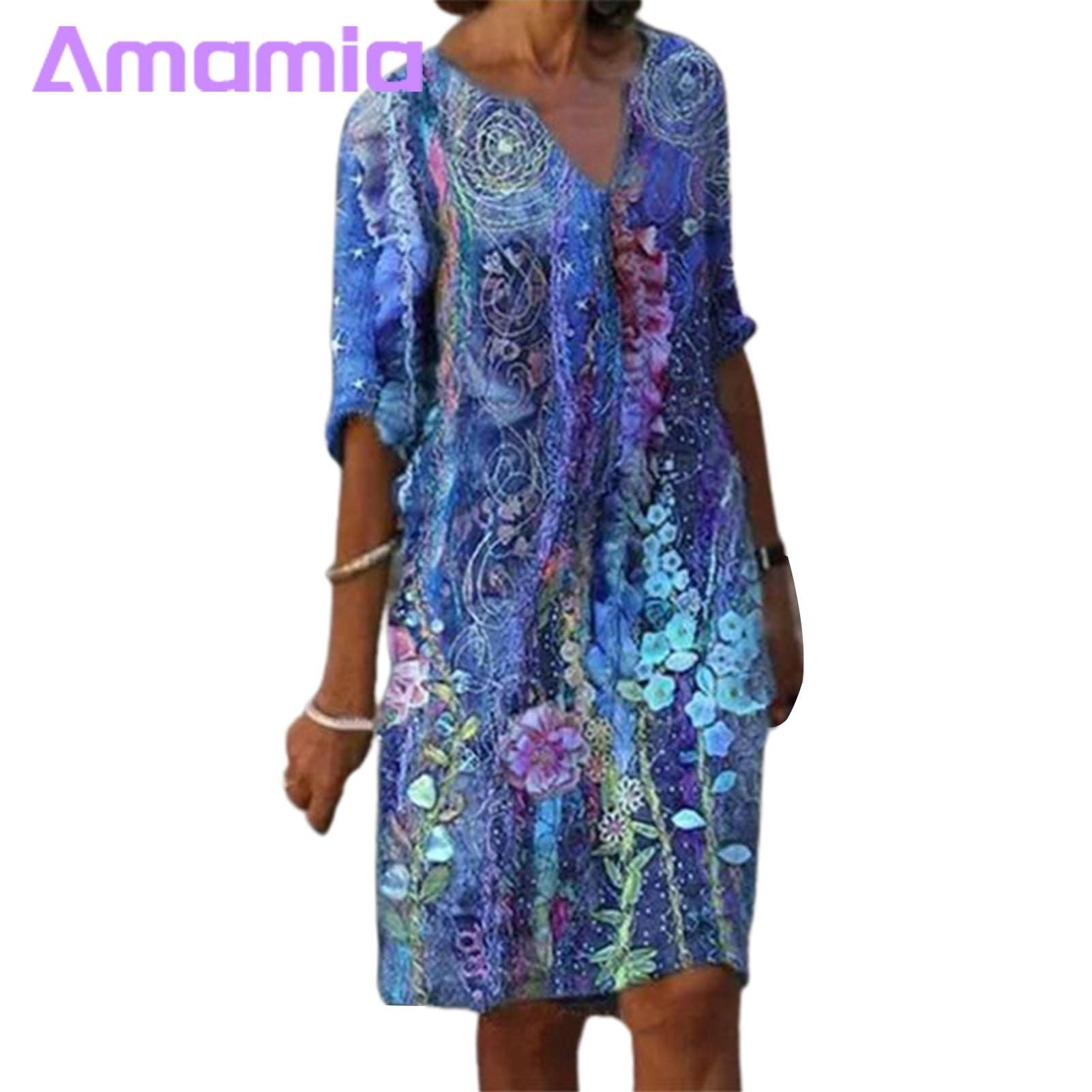 Amamia Women Dress V Neck Plus Size Printed Party Elegant Dresse
