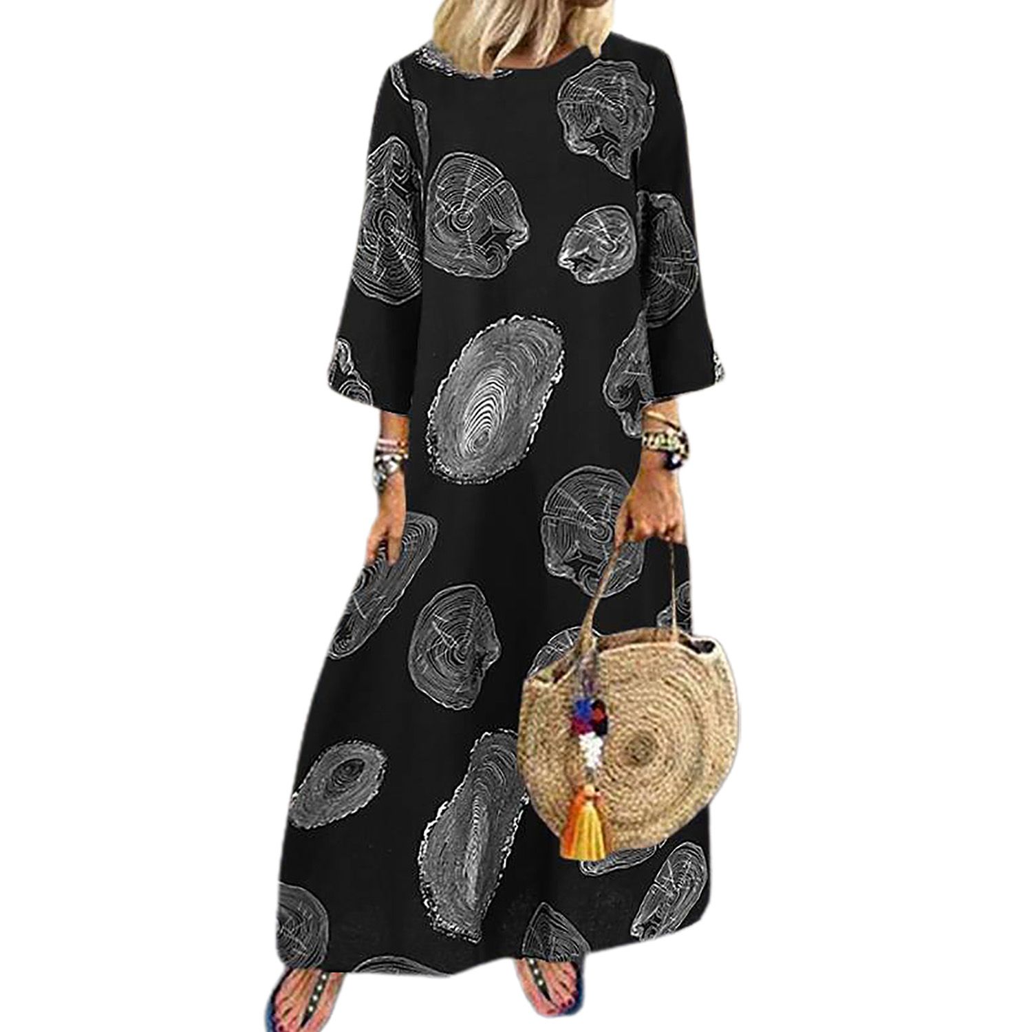 3/4 Sleeve Printing Casual Dress Women O Neck Large Hem Maxi Dress Streetwear