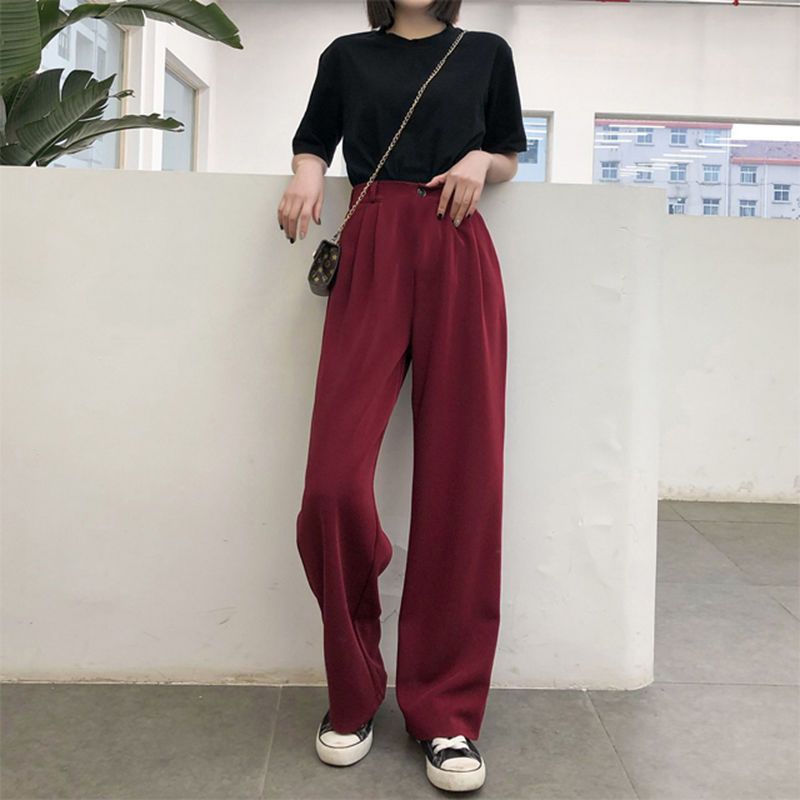 Casual Pants Women Vintage Pure Burgundy Office Lady Long Trousers Summer Soft Elegant Pockets Minimalist Femme Chic Streetwear