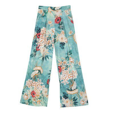 Women Elastic High Waist Pants Loose Print Wide Leg Beach Thin Pant Bohemian Female Trousers