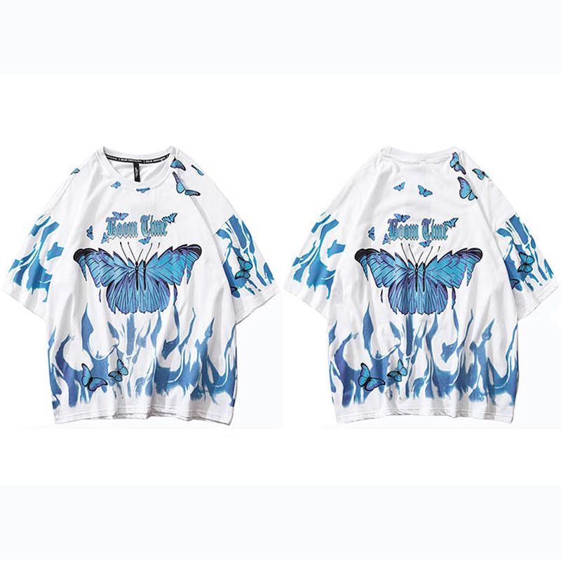 Mens  Hop T Shirts Blue Fire Flame erfly Streetwear Tshirt  Harajuku Summer Short Sleeve T-Shirt Cotton Tops Tees
