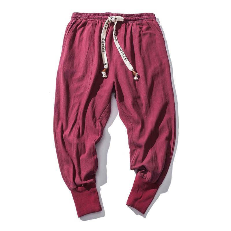 Japanese cotton flaxen trousers ankle banded pants men loose harem Chinese style large bloomers linen knickerbockers