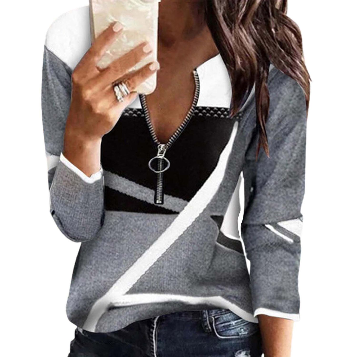 Casual Top Long Sleeve Geometric Print Patchwork Casual Blouse