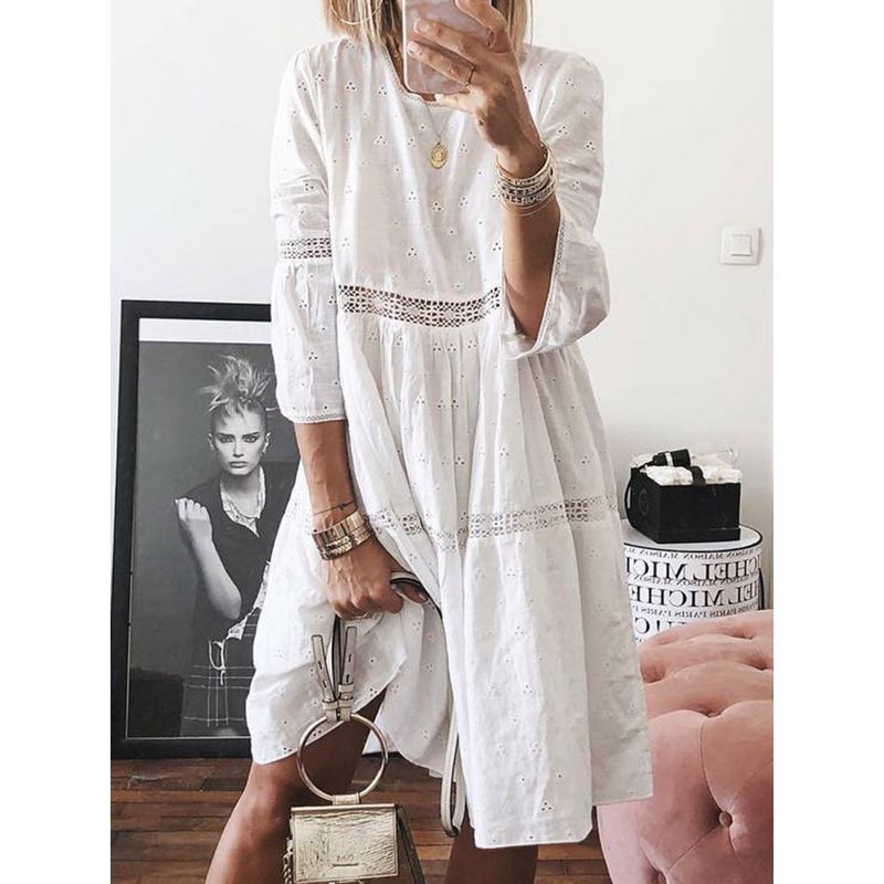 5XL New Women Elegant Embroidered Lace Dress White Female Splicing Dress Floral Hollow Out Loose Casual Party Vestidos BG74