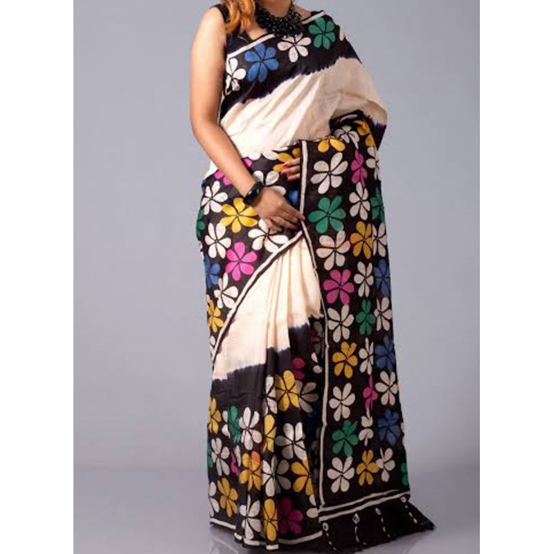 Hand Print Creem White Color 13.5  Hand Half Silk Saree For Women