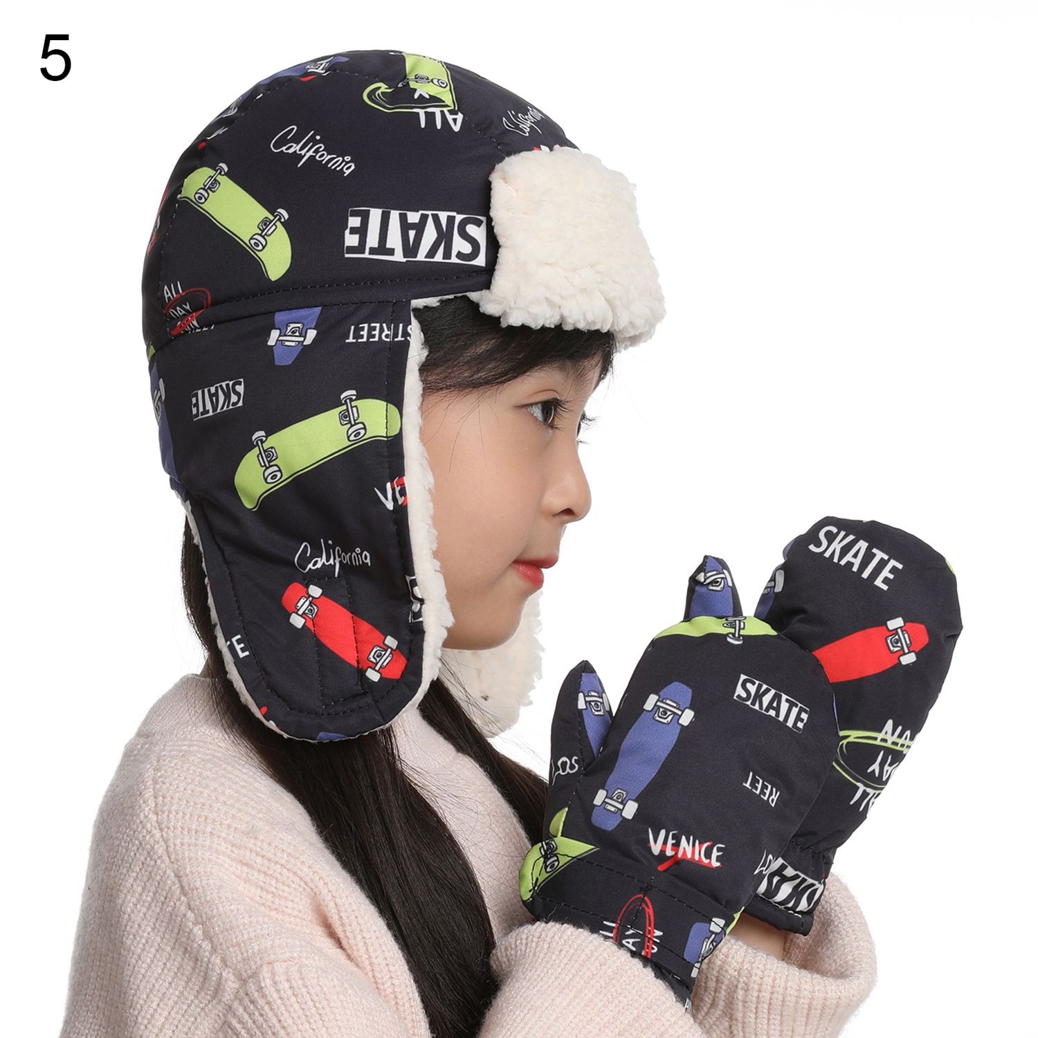 Kids Hat Set Underwater World Pattern Warm Cartoon Cap Gloves