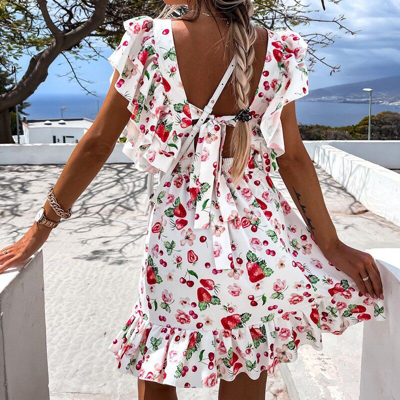 Summer Butterfly Sleeve Floral Print Dress Women Ruffle Square Collar Back Lace-up Sundress Boho A Line Beach Party Dress