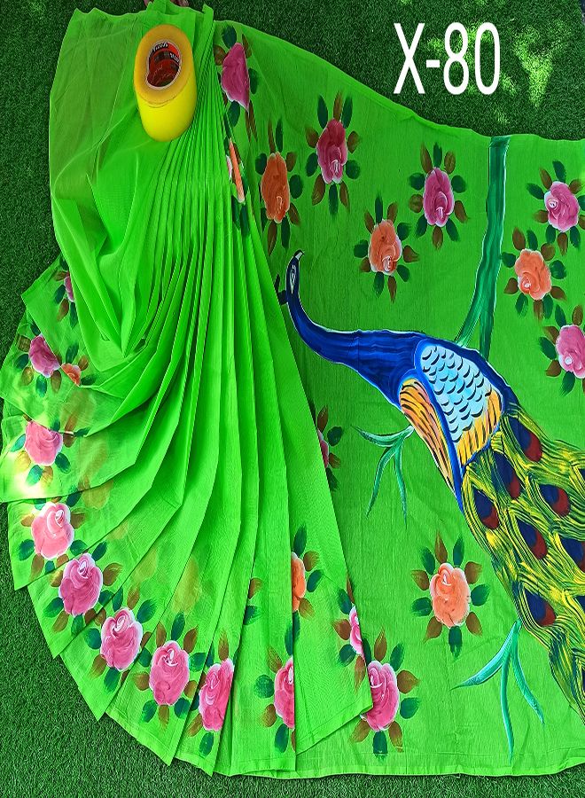 Pared Green  color Muslin Silk Hand Print 12 Hand Saree for Women