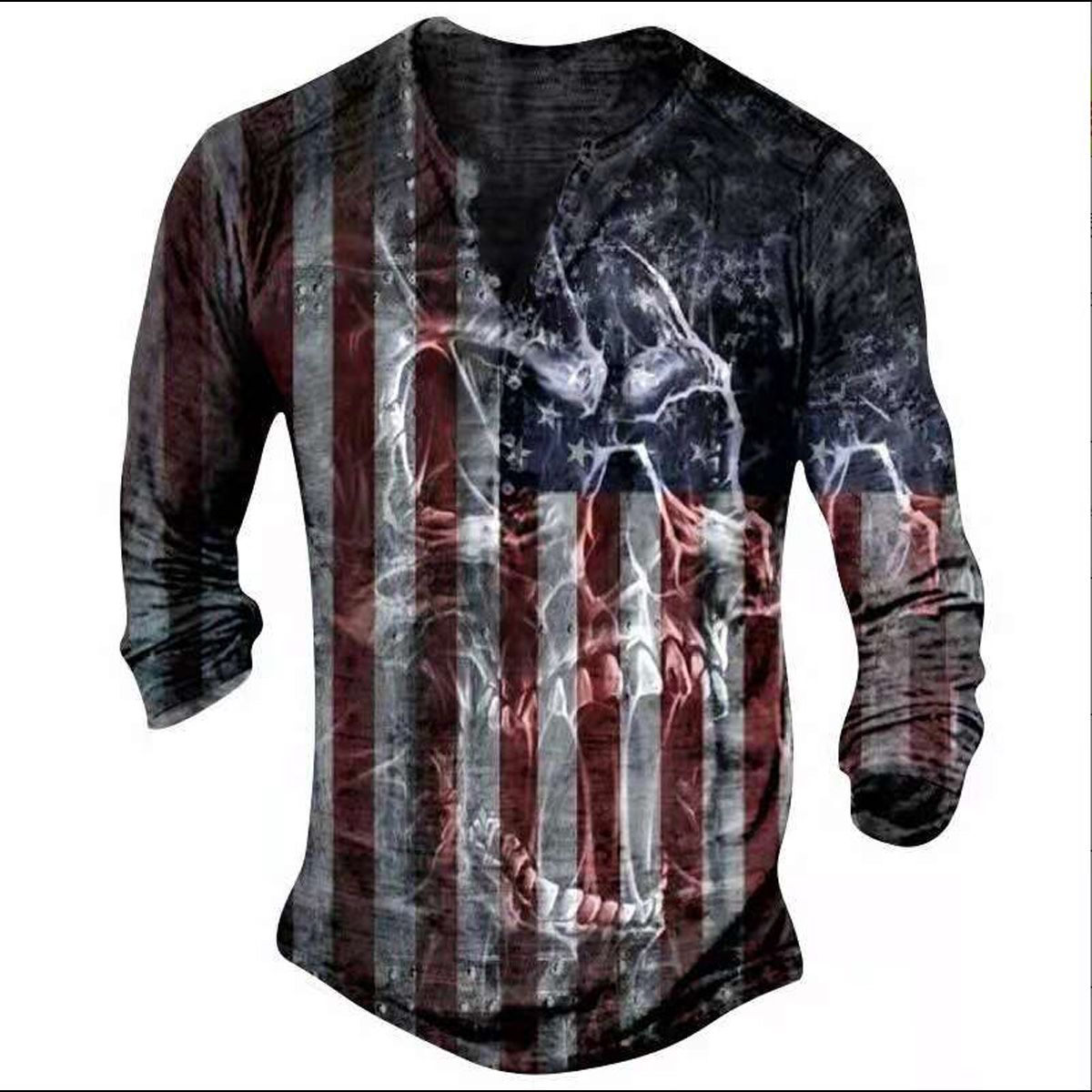 Fashion Spring Autumn T-shirt Men Skull Head Print Clothes Plus Size Comfortable Vintage V-Neck ons Long Sleeve Male T-Shirt