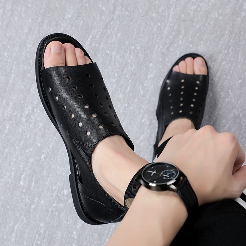 ZSAUAN Comfortable Casual Men Flat Sandals Leather Roman Simple Summer Men Shoes High Top Hollow Men Slippers Beach Outdoor