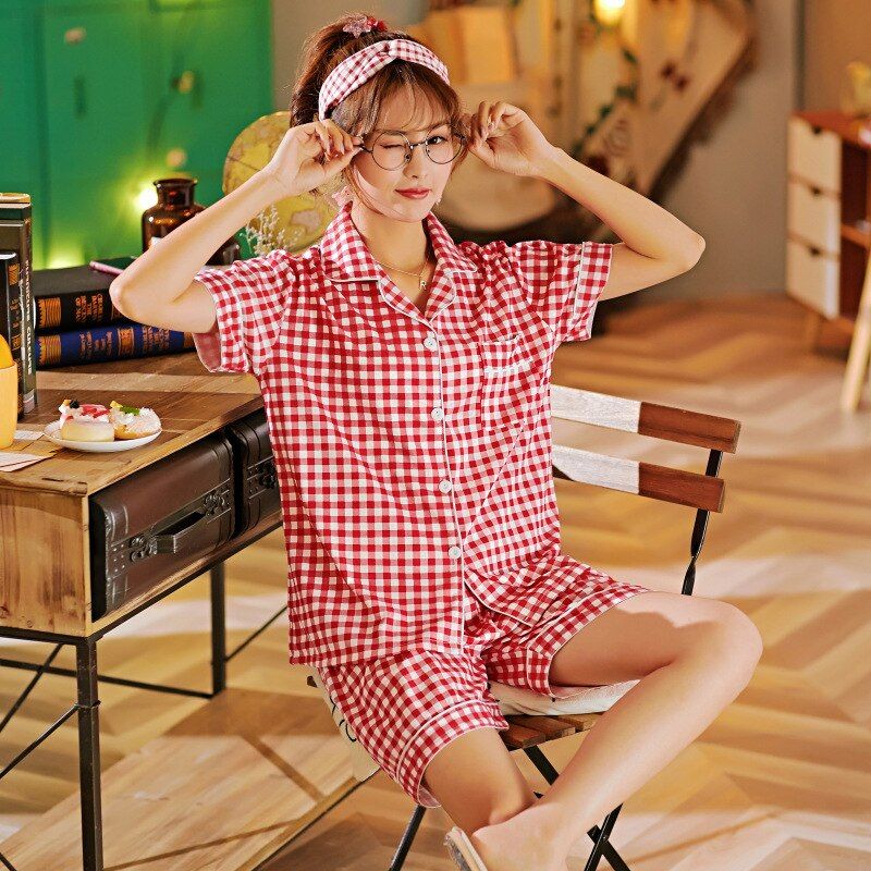Women Pajama Pyjamas Sets Sleepwear Polyester Cotton Short Sleeve Shorts Female Couple Pajamas Suit Pijama Loungewear