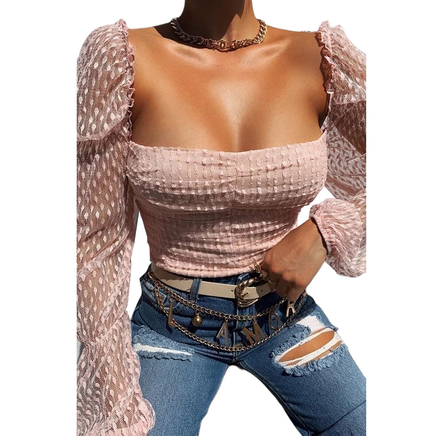 Elegant Low-cut Printed Lace Dress, Polyester Yarn Clothes with Long Fluffy Sleeve for Autumn and Spring