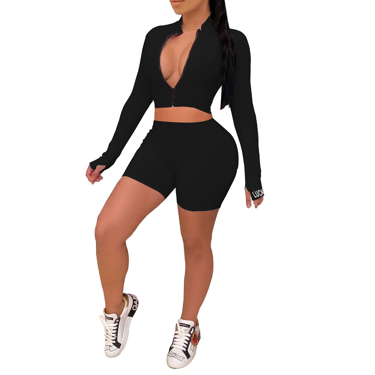 2-Pcs Women's Long Sleeve Sportswear, Solid Color Zipper Elastic Crop Top, Tight-fitting Short Pants Outfit Set