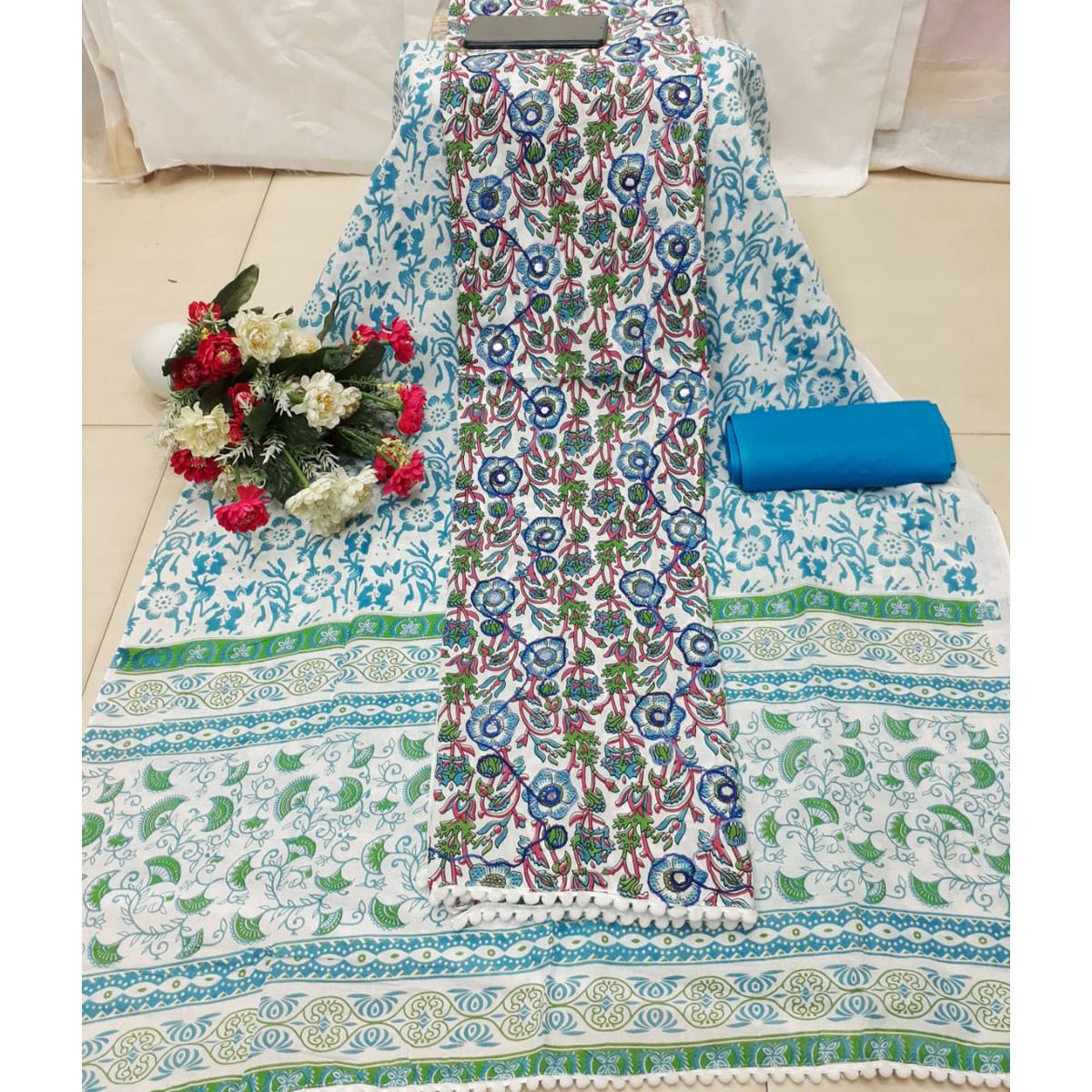 Unstitched Cotton Exclusive, Fashionable, Stylish and Comfortable, High Quality screen and Block Printed And Ari Worked Three Piece for Women