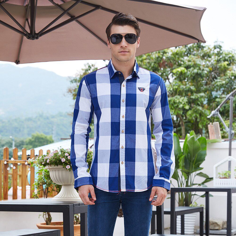 Trendy New Men's Casual Long-Sleeved Shirt Cotton Plaid Top