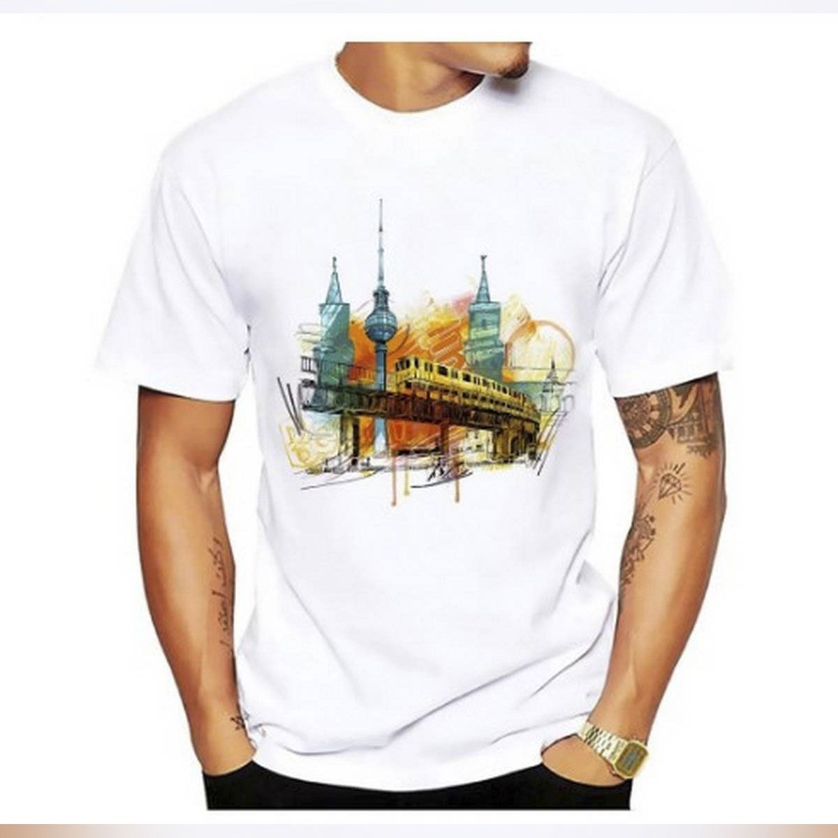 Germany Berlin City Watercolor Design No Glue Sublimation Print Tshirt Men 2018 Summer New White Casual Homme Cool T Shirt - Tshirt For Men