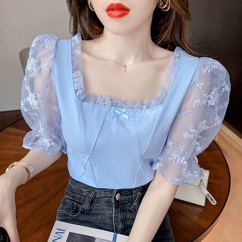 Women's Solid Color Tops, Sexy Sheer Short Puff Sleeve Square Neck Frill Trim T-Shirts