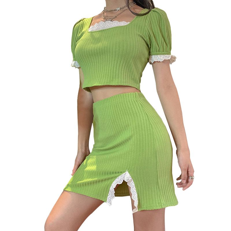 Women’s Two Piece Outfits, Trendy Short Sleeve Rib Knit Crop Tops and Bodycon Mini Skirt Set
