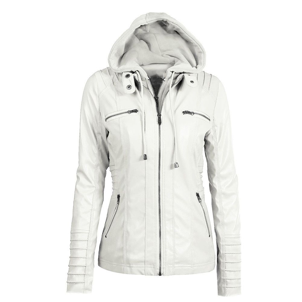 Fashion Women Autumn Faux Leather Long Sleeve Hooded Zipper Motorcycle Jacket