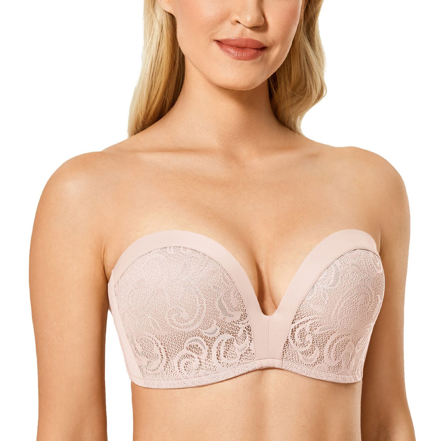 Women's Slightly Padded Push Up Great Support Lace Strapless Bra