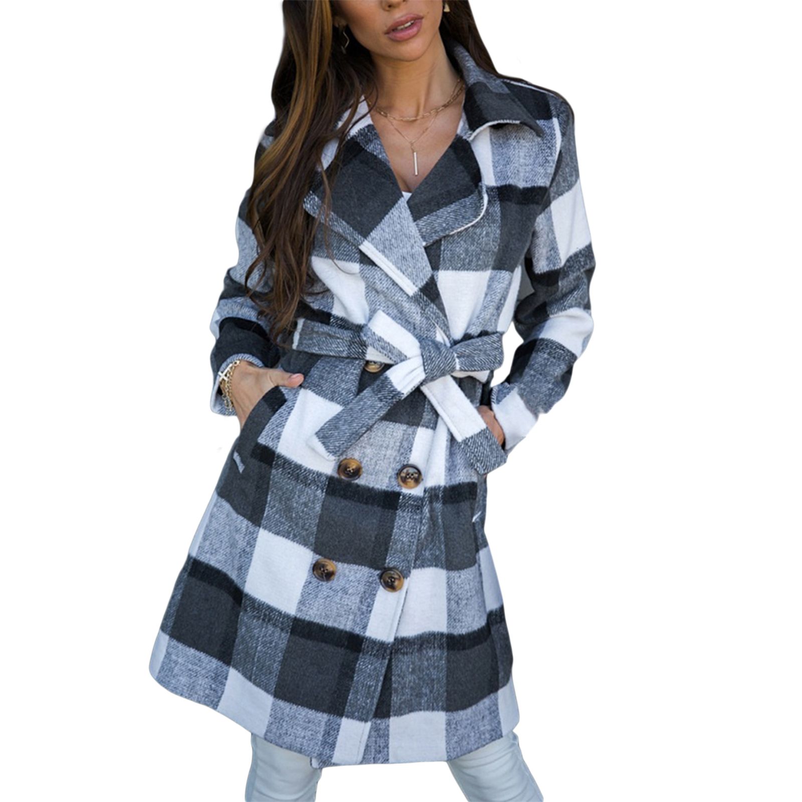 Women's Woolen Windbreaker Jacket Plaid Printed Single-breasted Closure Long Sleeve Thick Jacket Tops