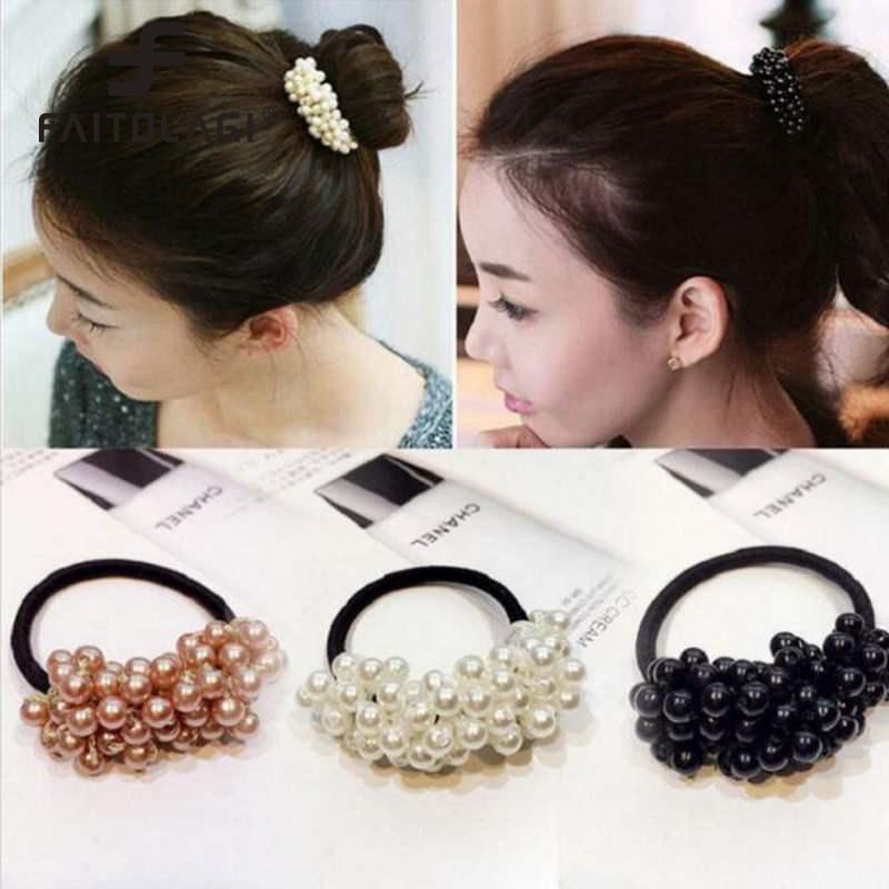 FAITOLAGI 1Pcs Pearls Beads Headbands Ponytail Holder Girls Scrunchies Vintage Elastic Hair Bands Rubber Rope Headdress