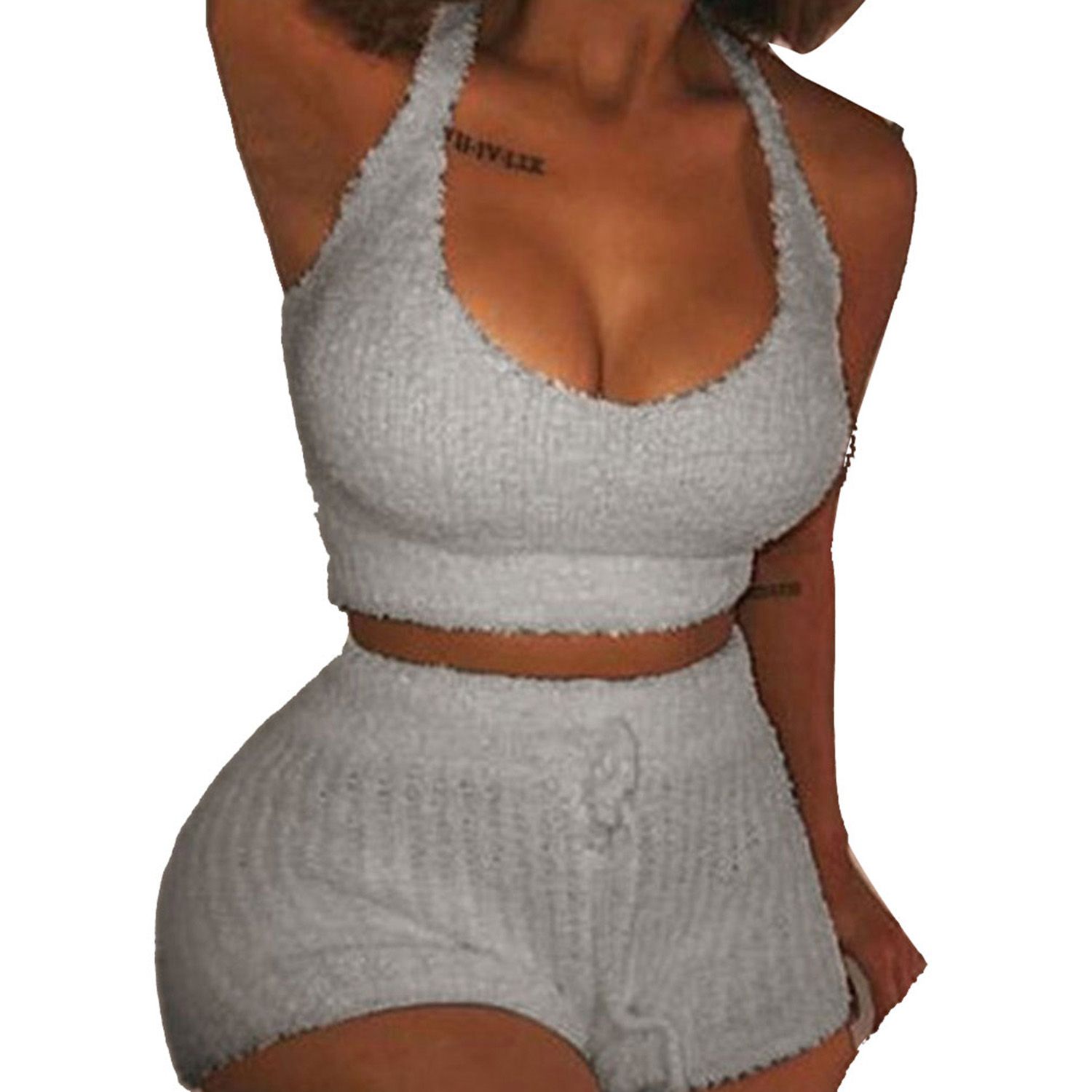 2021 2 Pieces Suit Set, Solid Color U-Neck Sleeveless Crop Top and Shorts for Women, S/M/L/XL/XXL