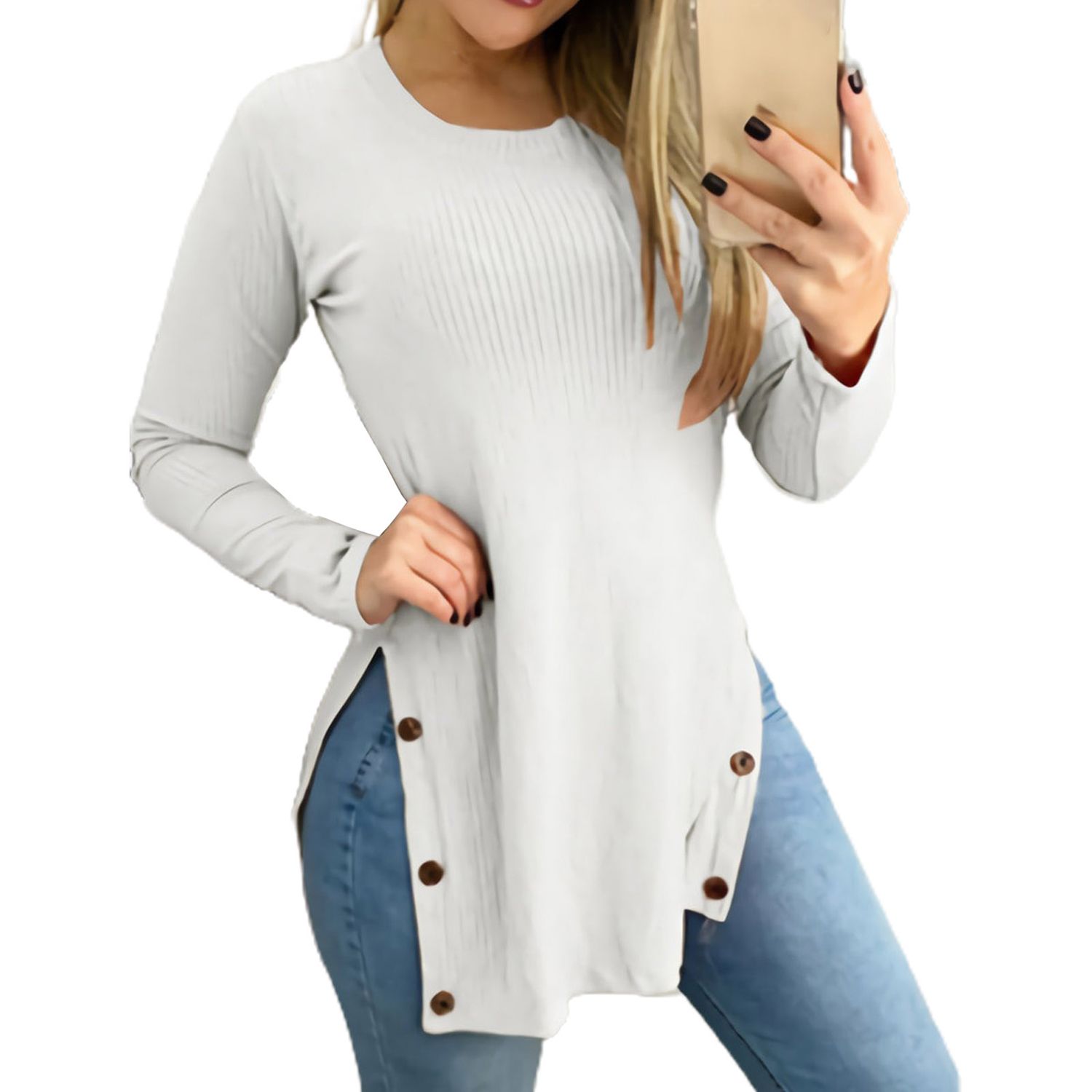 Pullover Blouse Round Neck Side Split Ribbed Women Blouse
