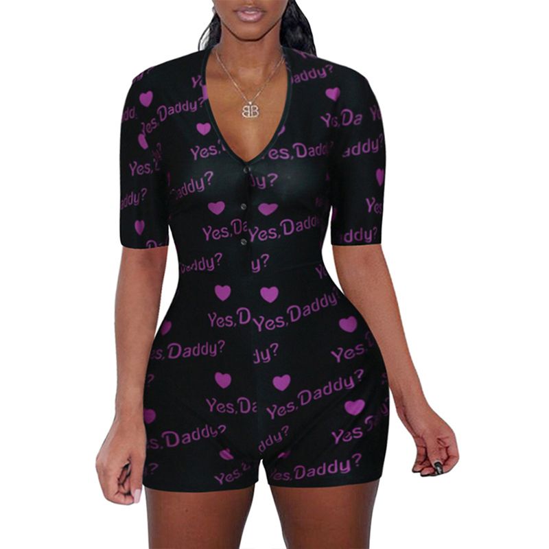 Women's Letter Printed Tight Jumpsuit Casual V Neck Short Sleeve Shorts Bodysuit (S/M/L/XL/XXL)