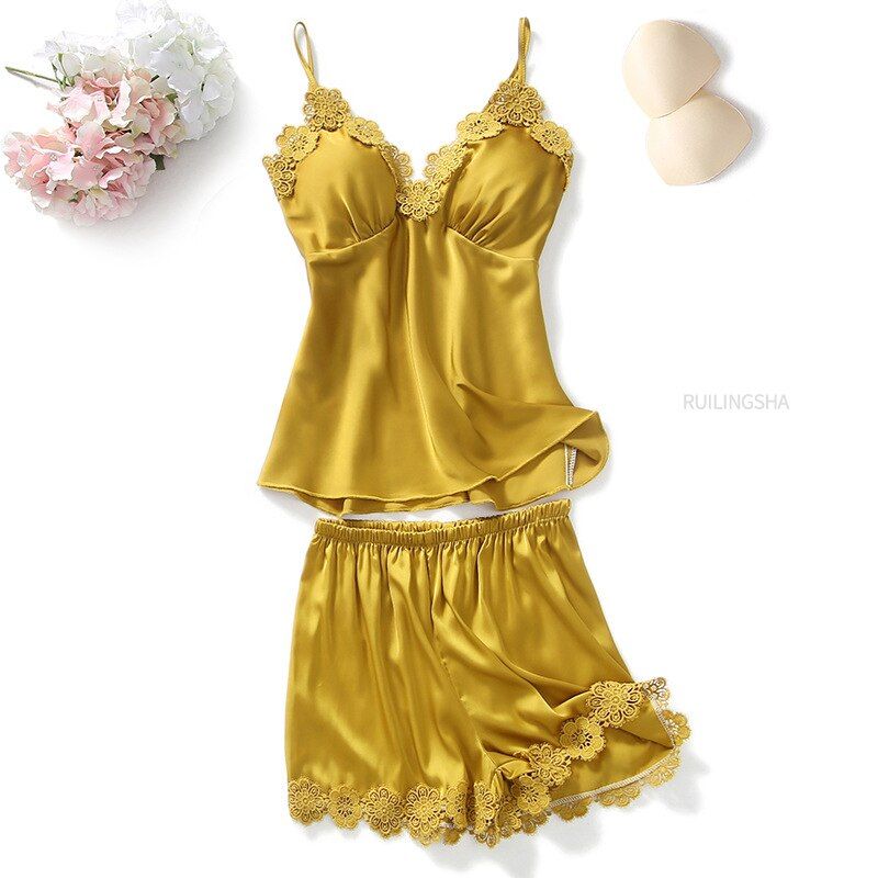 Women Pajamas 5 Pieces Satin Sleepwear Pijama Silk Home Wear Home Clothing Embroidery Sleep Lounge Pyjama with ChPads