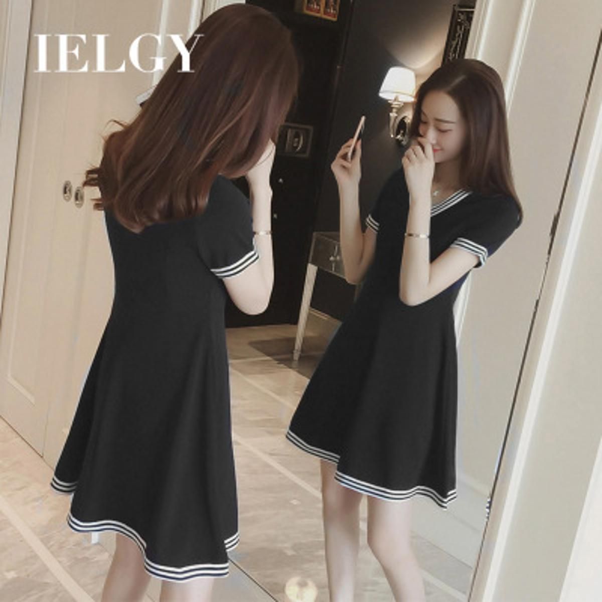 IELGY summer casual v-neck short-sleeved dress female was thin high waist slim long A-line skirt women