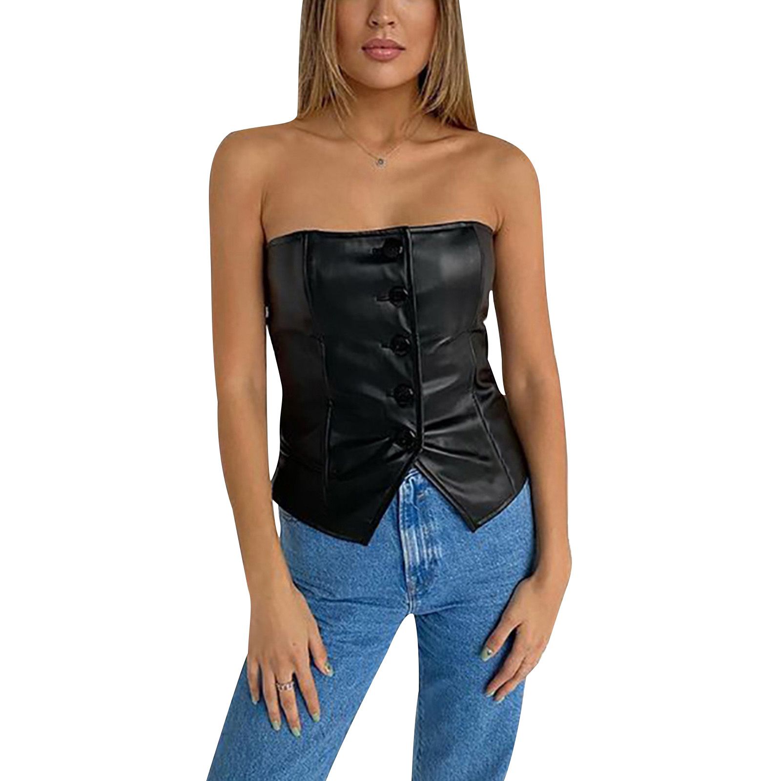 Women's  Corset Tops, Fashion Strapless Solid Color Button Down PU Leather Bustier