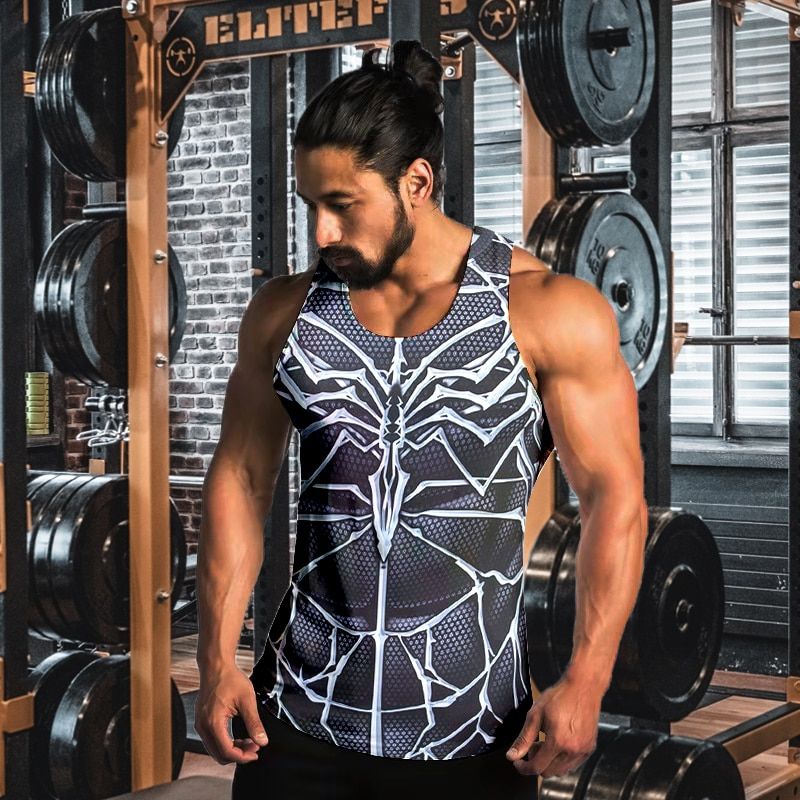 Men's Vest Spider 3D Printing Running Fitness T-Shirt Srts Slim Round Neck Sling Male Srt Tops